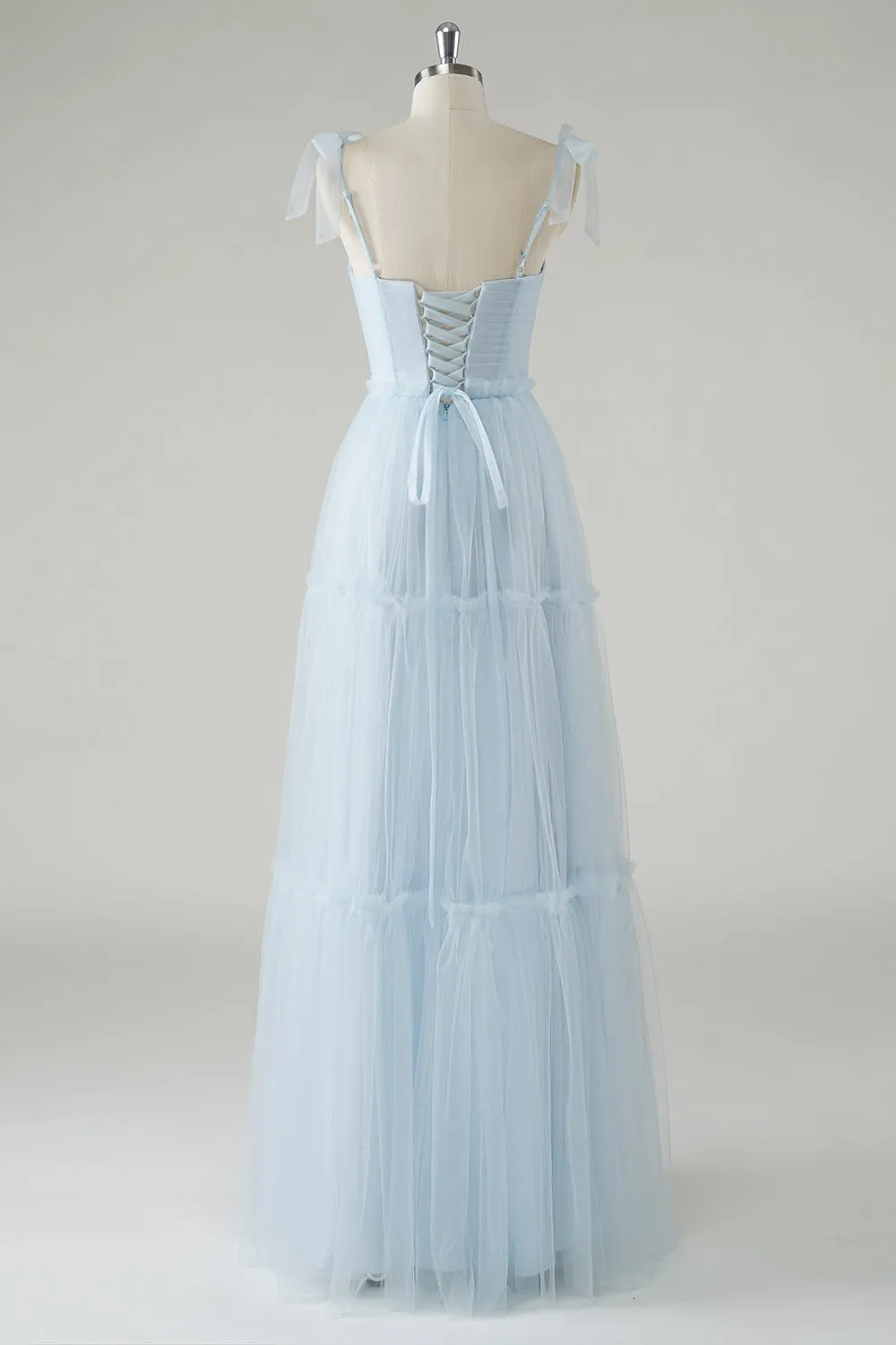 A-Line Bow Tie Straps Sky Blue Tulle Long Bridesmaid Dress sold by Zapaka product image thumbnail 2