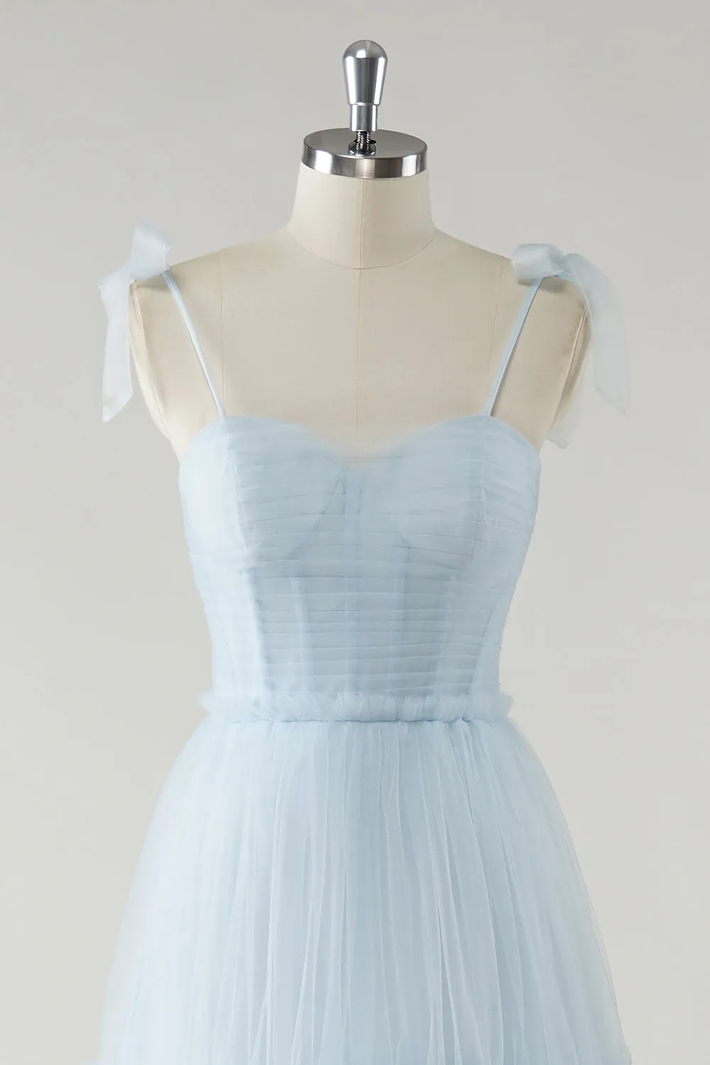 A-Line Bow Tie Straps Sky Blue Tulle Long Bridesmaid Dress sold by Zapaka product image thumbnail 4