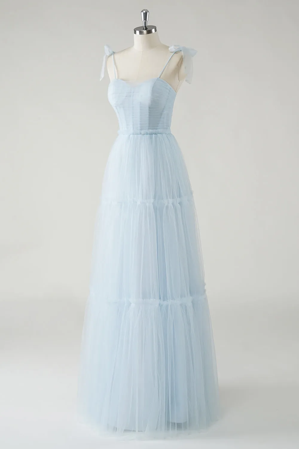 A-Line Bow Tie Straps Sky Blue Tulle Long Bridesmaid Dress sold by Zapaka product image thumbnail 3
