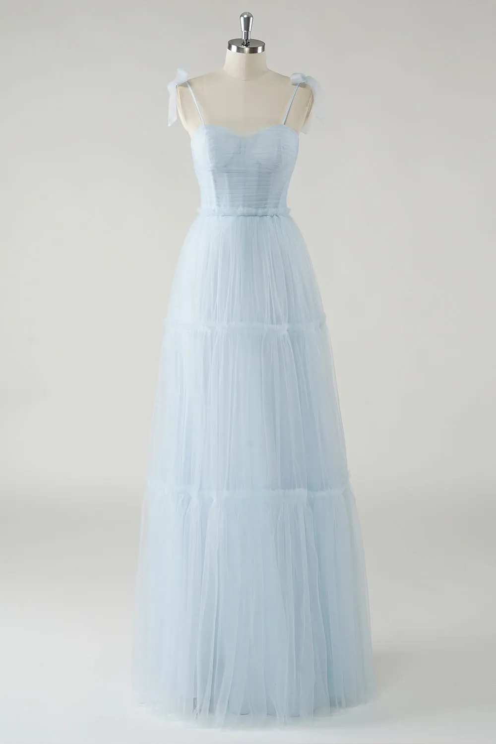 A-Line Bow Tie Straps Sky Blue Tulle Long Bridesmaid Dress sold by Zapaka