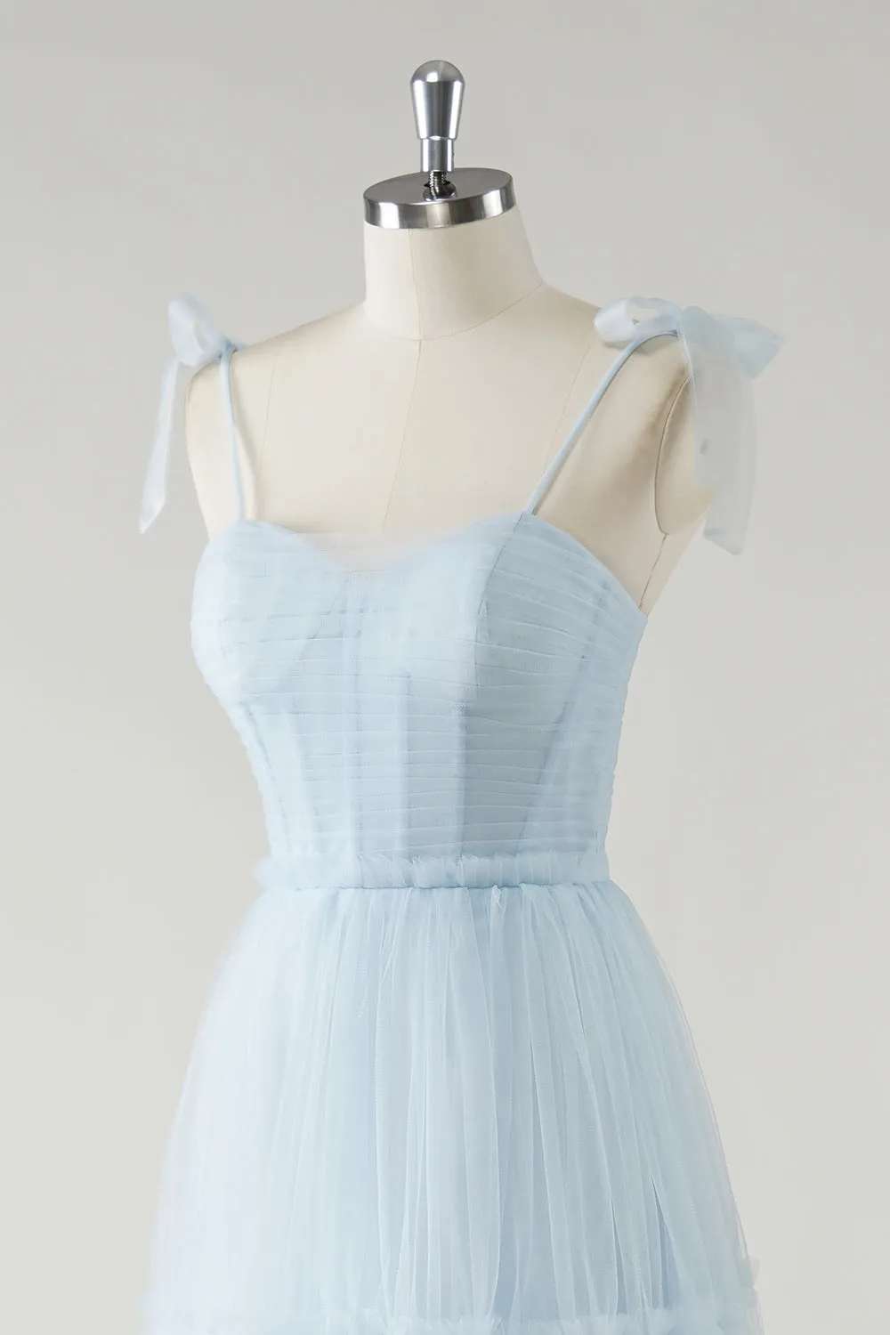 A-Line Bow Tie Straps Sky Blue Tulle Long Bridesmaid Dress sold by Zapaka product image thumbnail 5