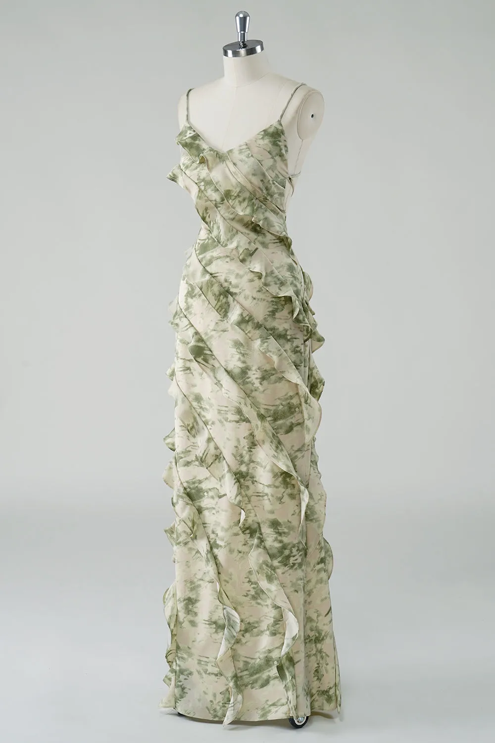 A Line Spaghetti Straps Sage Flower Long Bridesmaid Dress with Ruffles sold by Zapaka product image thumbnail 3