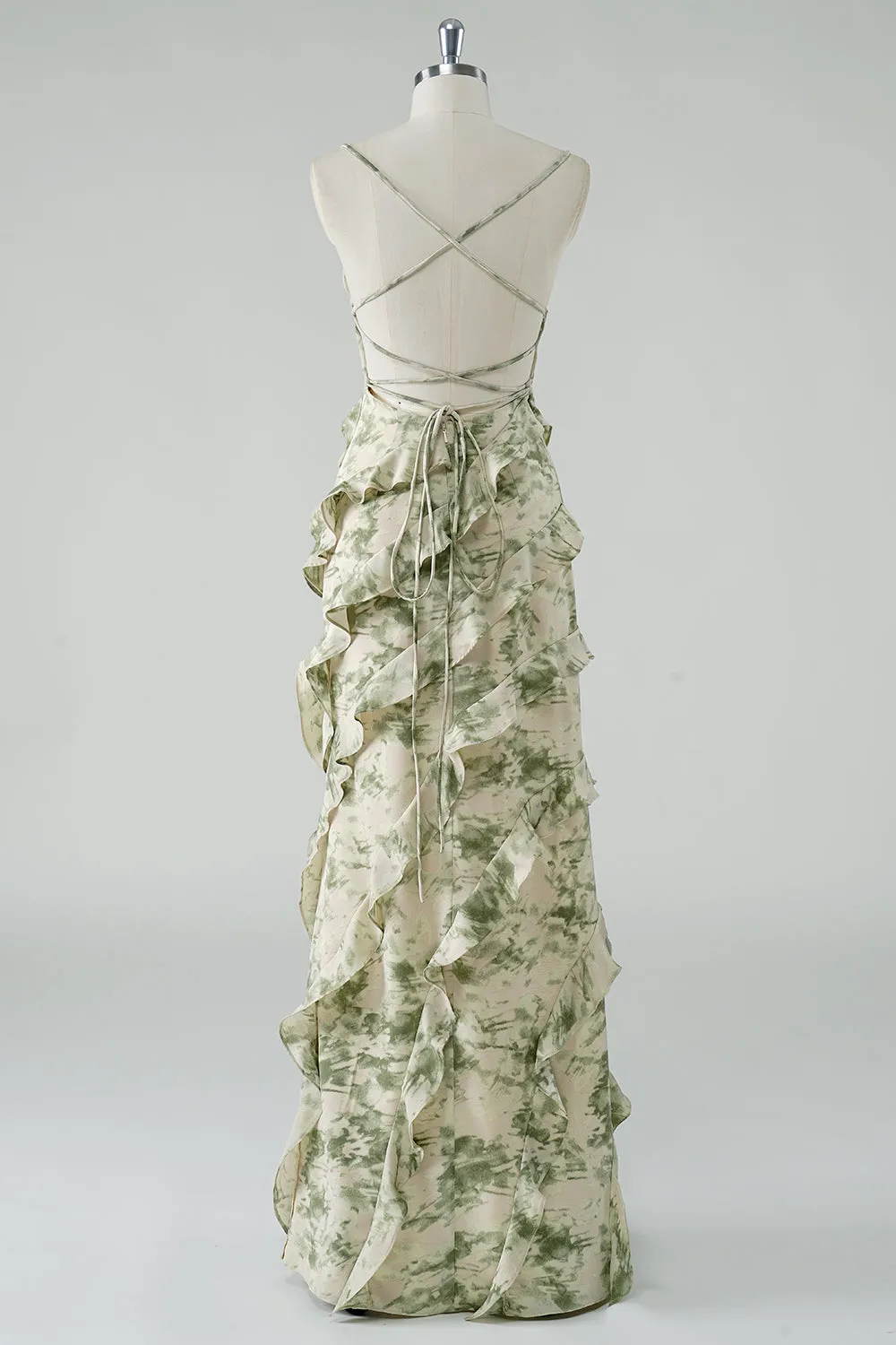 A Line Spaghetti Straps Sage Flower Long Bridesmaid Dress with Ruffles sold by Zapaka product image thumbnail 2