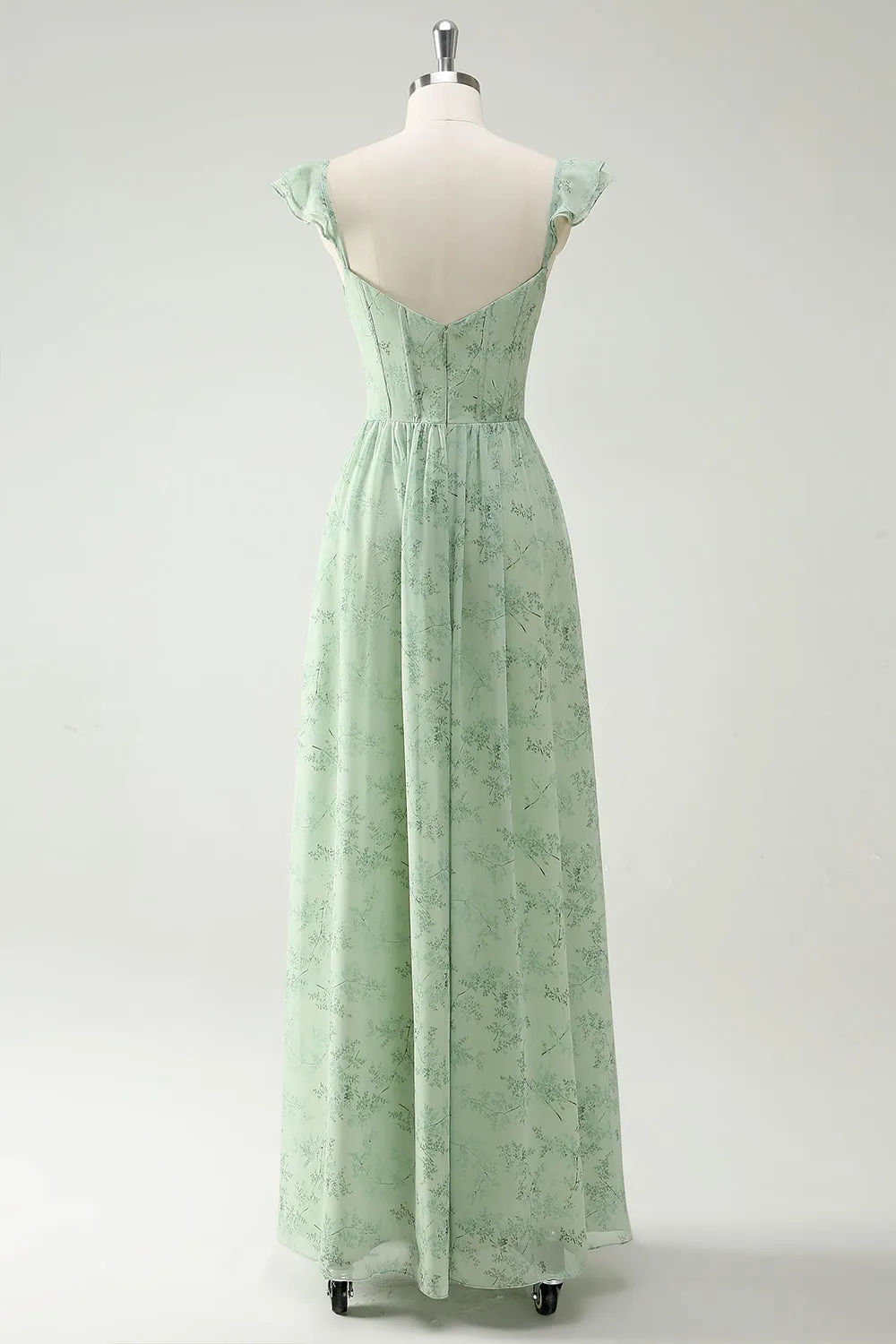 A Line Green Flower Ruffles Straps Long Corset Prom Dress with Split Front sold by Zapaka product image thumbnail 2