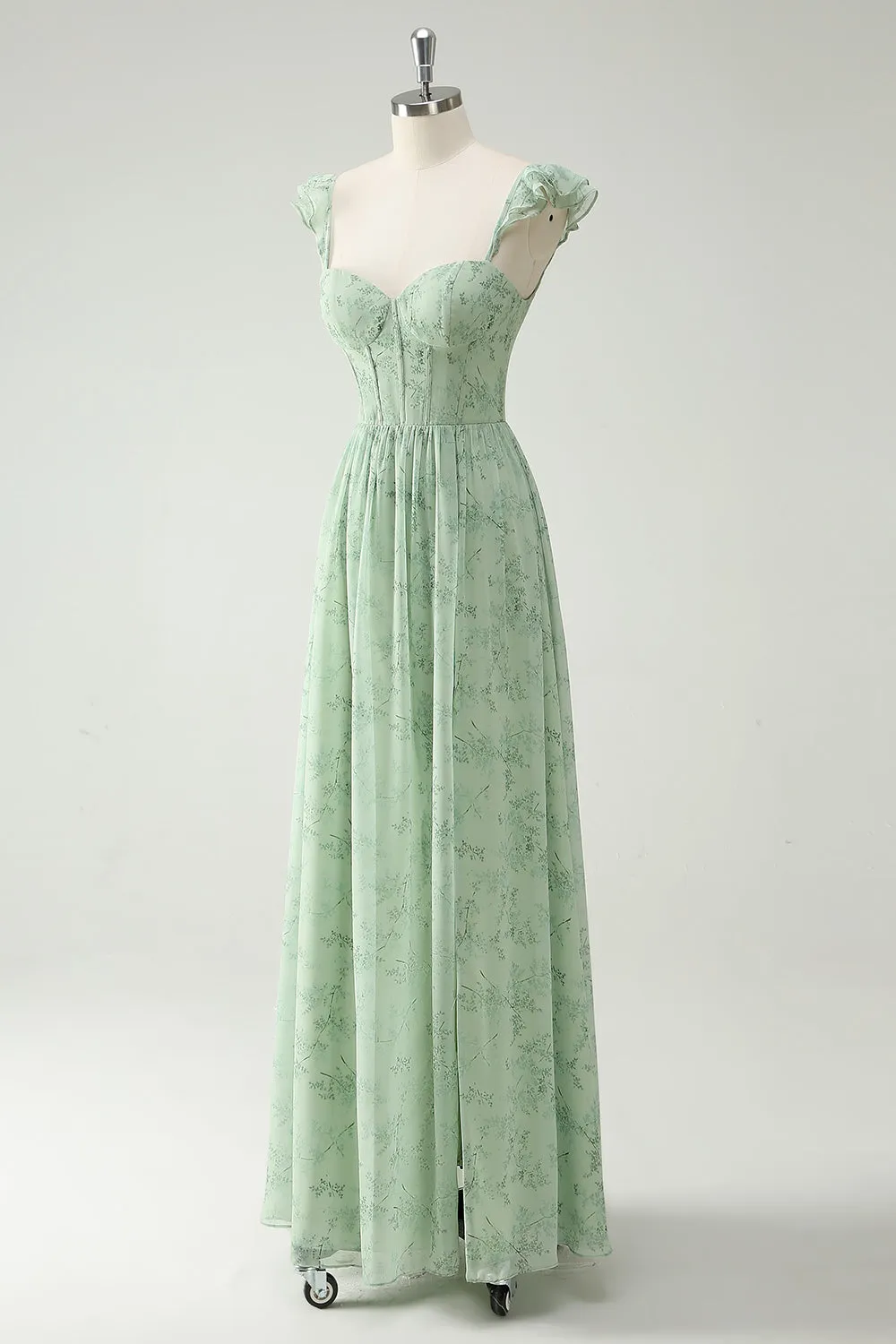 A Line Green Flower Ruffles Straps Long Corset Prom Dress with Split Front sold by Zapaka product image thumbnail 3