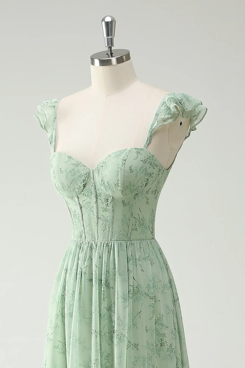 A Line Green Flower Ruffles Straps Long Corset Prom Dress with Split Front sold by Zapaka product image thumbnail 5
