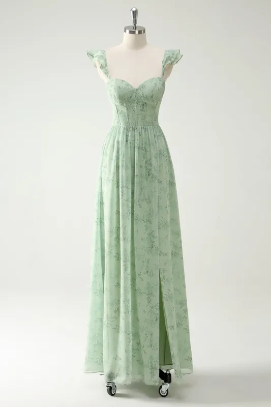 A Line Green Flower Ruffles Straps Long Corset Prom Dress with Split Front sold by Zapaka