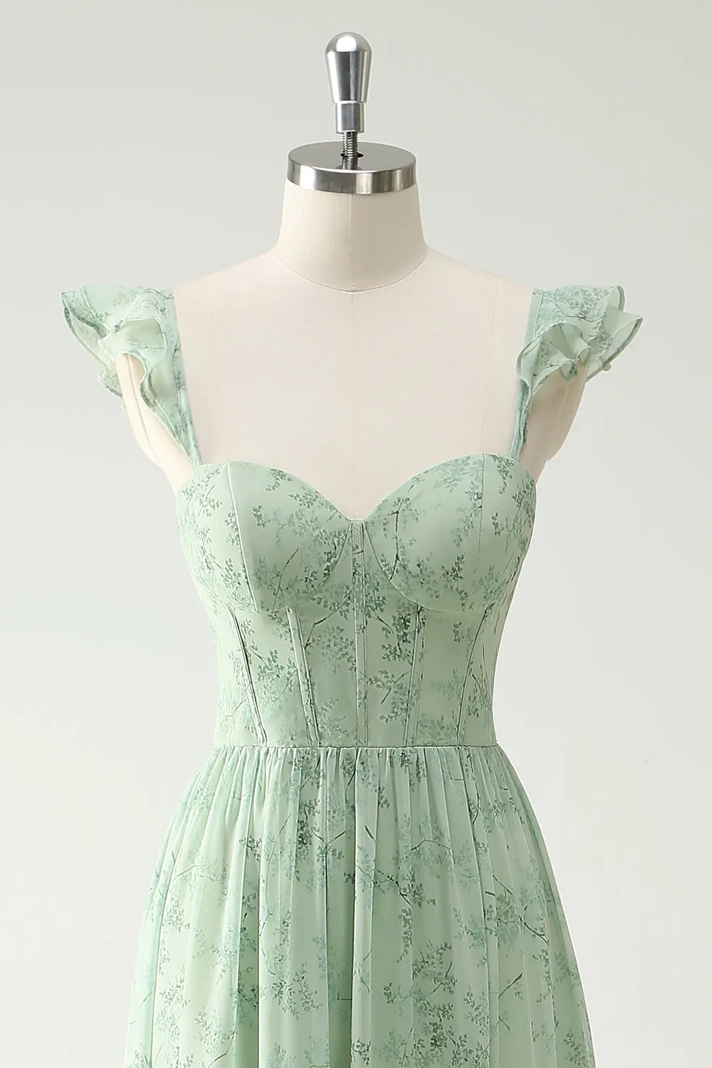 A Line Green Flower Ruffles Straps Long Corset Prom Dress with Split Front sold by Zapaka product image thumbnail 4