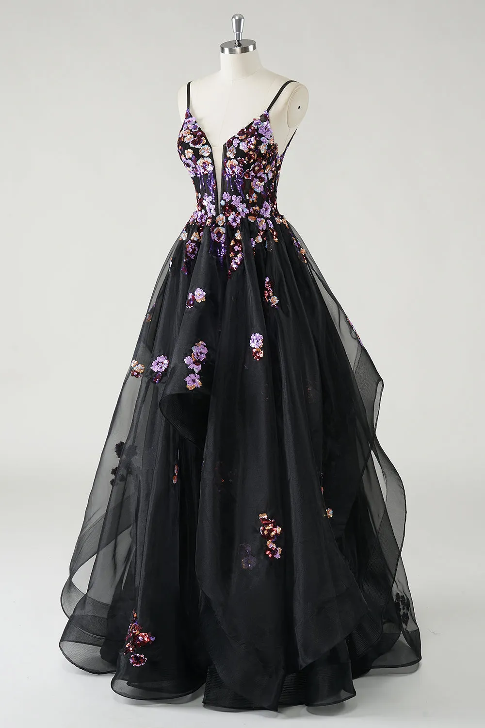 A Line Deep V Neck Black Long Prom Dress with Sequined Appliques sold by Zapaka product image thumbnail 3