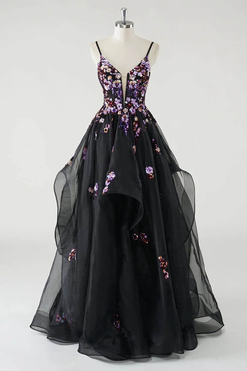 A Line Deep V Neck Black Long Prom Dress with Sequined Appliques sold by Zapaka