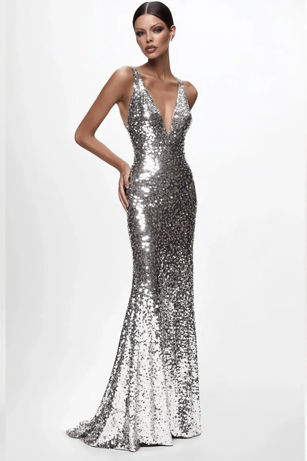 Sparkly Silver V-neck Sequined Mermaid Formal Dress sold by Zapaka