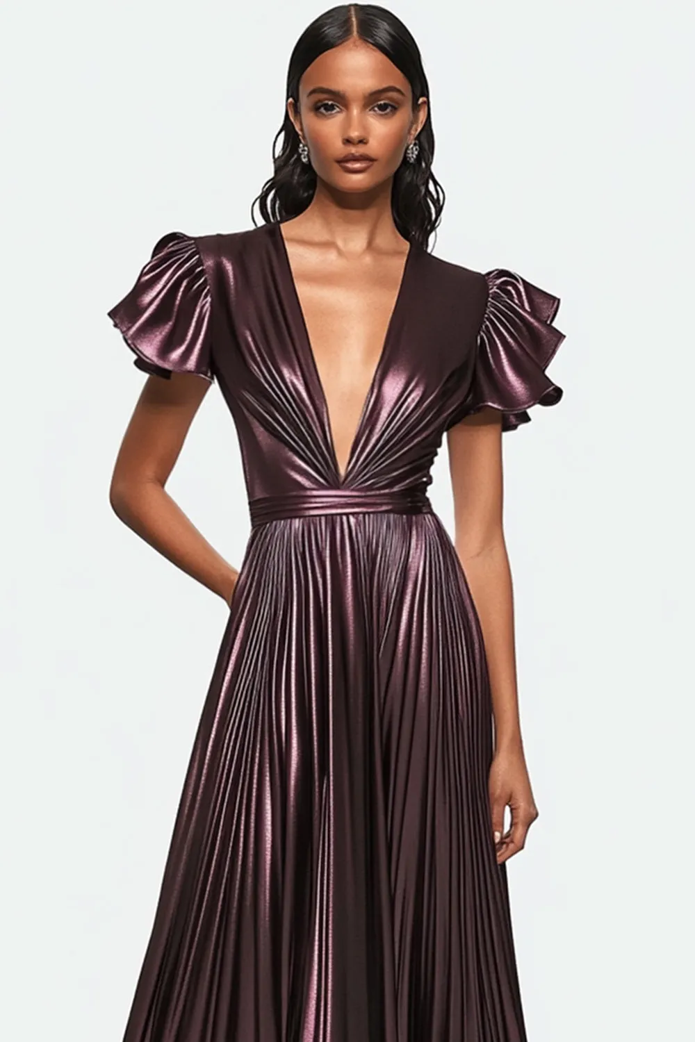 Dusty Purple V-neck Pleated Metallic Satin Formal Dress sold by Zapaka product image thumbnail 2