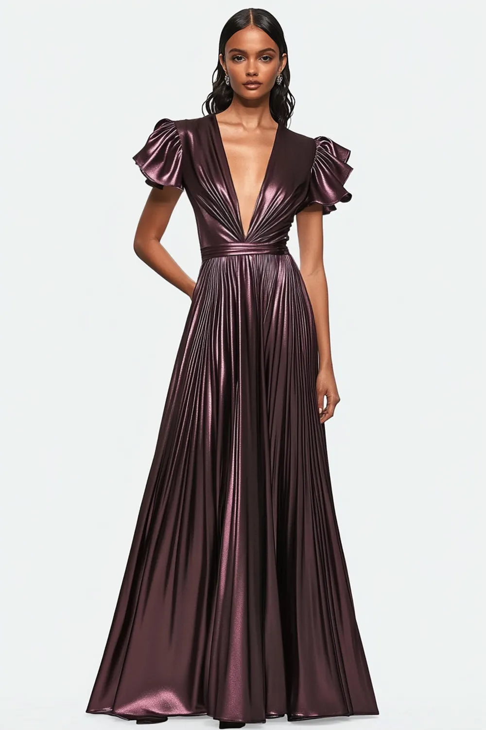 Dusty Purple V-neck Pleated Metallic Satin Formal Dress sold by Zapaka