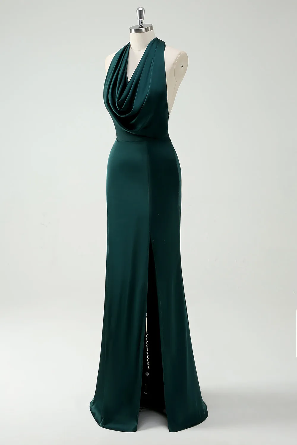 Halter Neck Pine Green Mermaid Long Bridesmaid Dress with Slit sold by Zapaka product image thumbnail 3