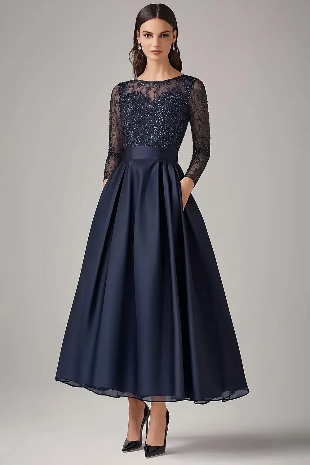 Sparkly Navy Beaded A Line Long Sleeves Mother Of the Bride Dress with Lace sold by Zapaka