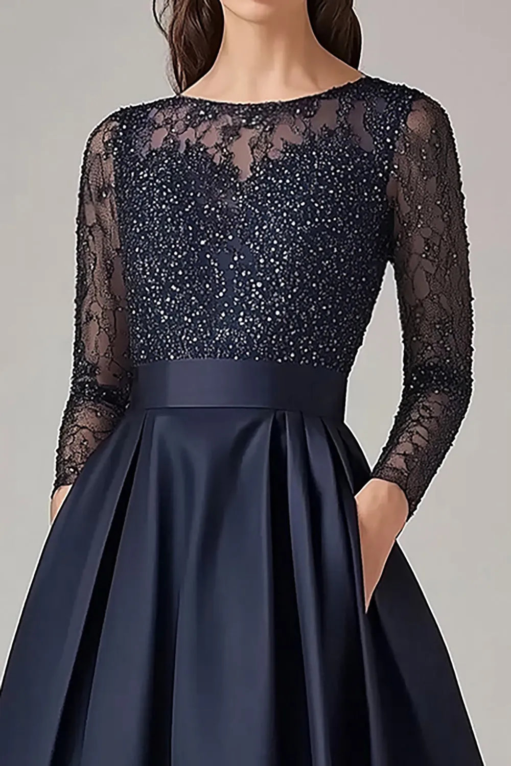Sparkly Navy Beaded A Line Long Sleeves Mother Of the Bride Dress with Lace sold by Zapaka product image thumbnail 2