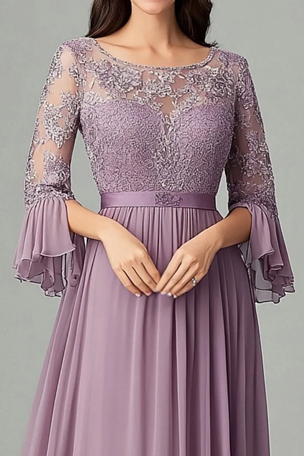 Taro Purple Lace Chiffon Mother Of the Bride Dress with 3/4 Sleeves sold by Zapaka product image thumbnail 2