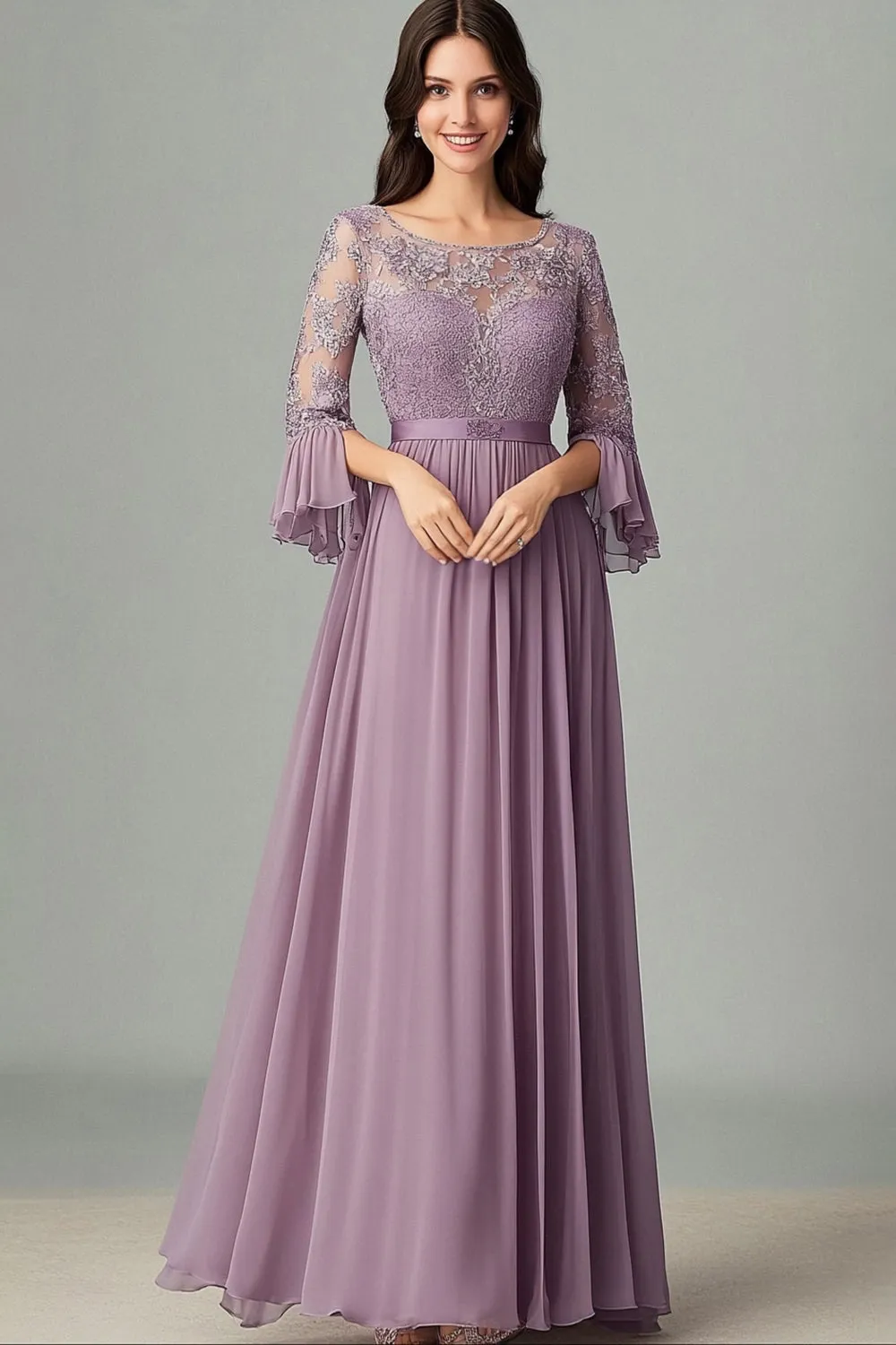 Taro Purple Lace Chiffon Mother Of the Bride Dress with 3/4 Sleeves sold by Zapaka