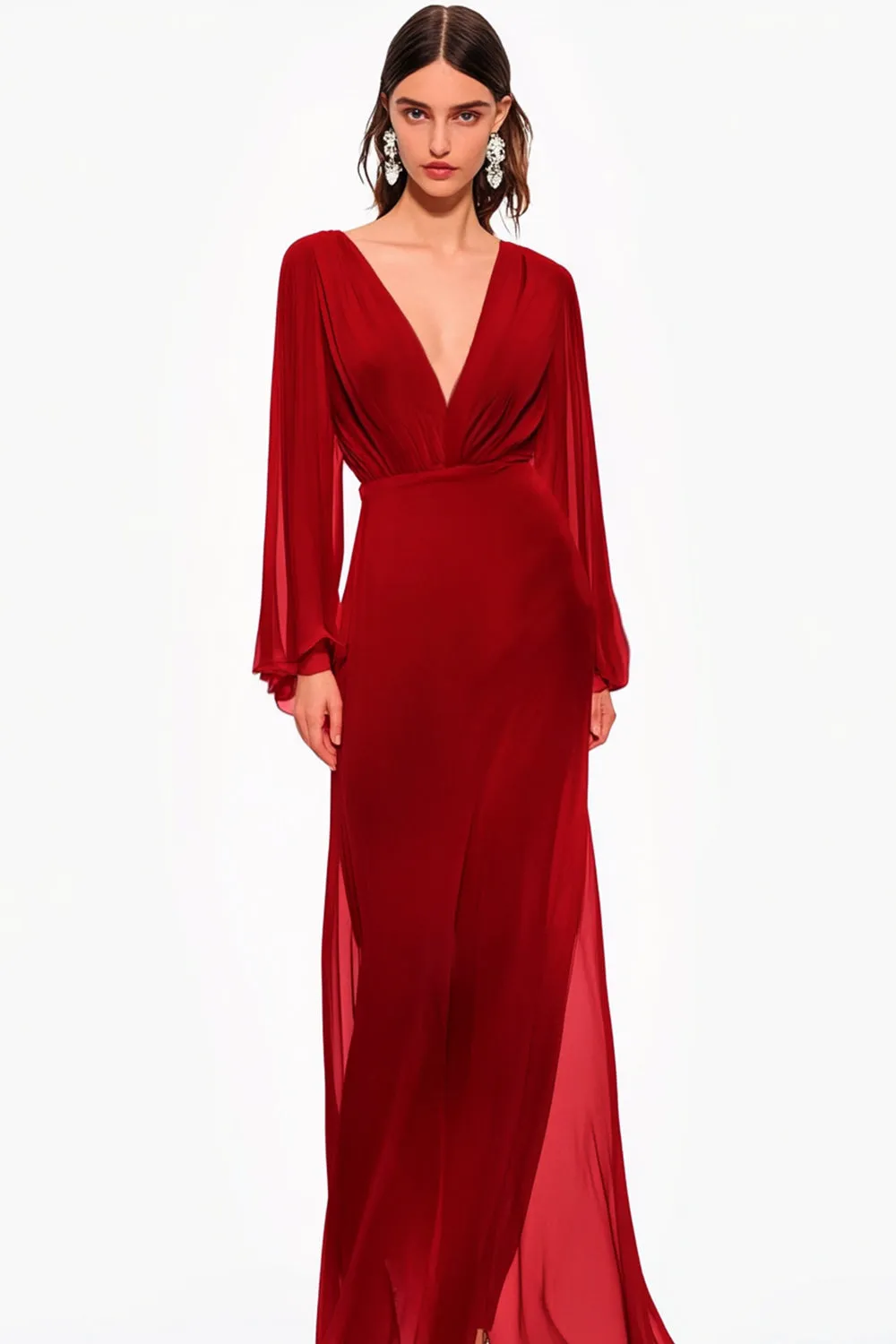 Red V-Neck Chiffon Mother Of the Bride Dress with Long Sleeves sold by Zapaka product image thumbnail 2
