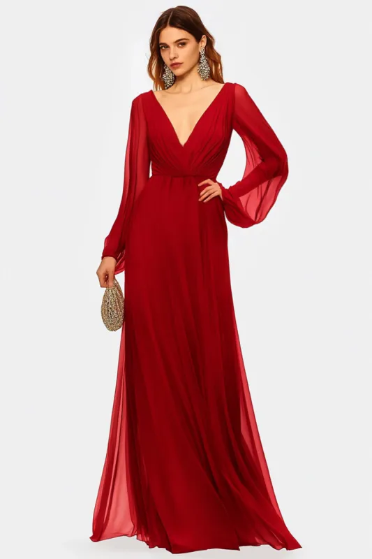 Red V-Neck Chiffon Mother Of the Bride Dress with Long Sleeves sold by Zapaka