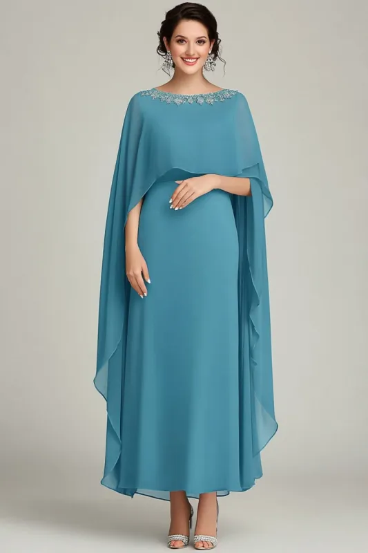 Sparkly Blue Sequins Round Neck Long Mother Of the Bride Dress with Ruffles sold by Zapaka