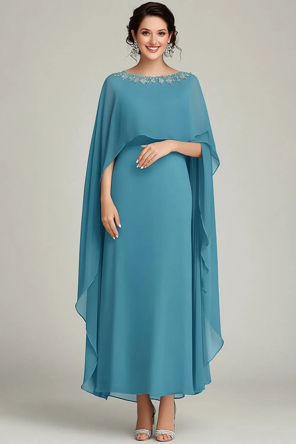 Sparkly Blue Sequins Round Neck Long Mother Of the Bride Dress with Ruffles sold by Zapaka