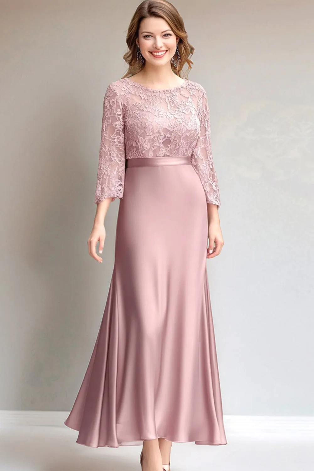 Pink Lace Ruched Long Sleeves Mother of the Bride Dress sold by Zapaka