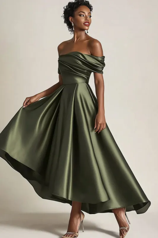 Olive A-Line Off the Shoulder Ruched Satin Ankle Length Mother of the Bride Dress sold by Zapaka