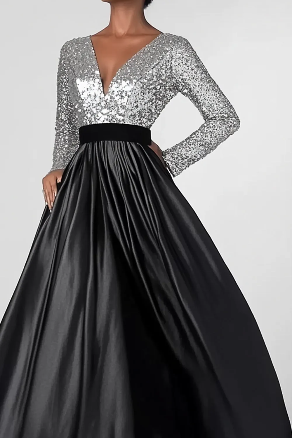 Sparkly Black Silver A-Line Long Sleeves Sequins Top Long Mother of the Bride Dress sold by Zapaka product image thumbnail 3