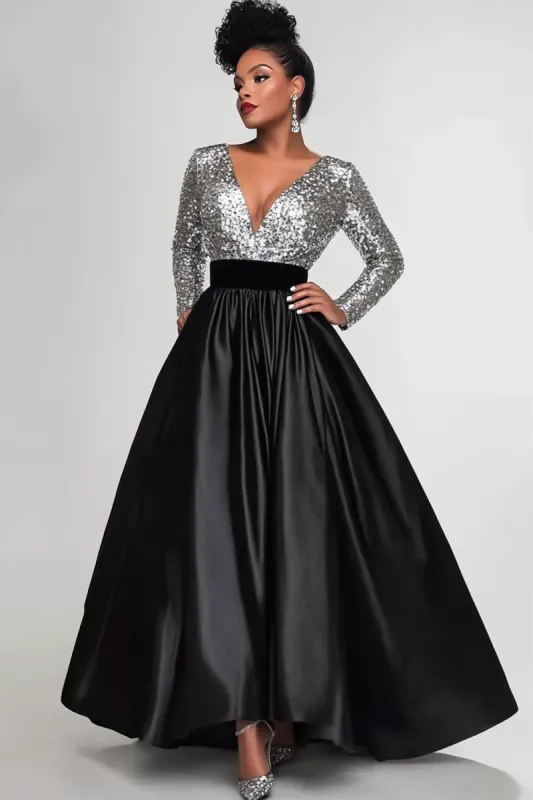 Sparkly Black Silver A-Line Long Sleeves Sequins Top Long Mother of the Bride Dress sold by Zapaka