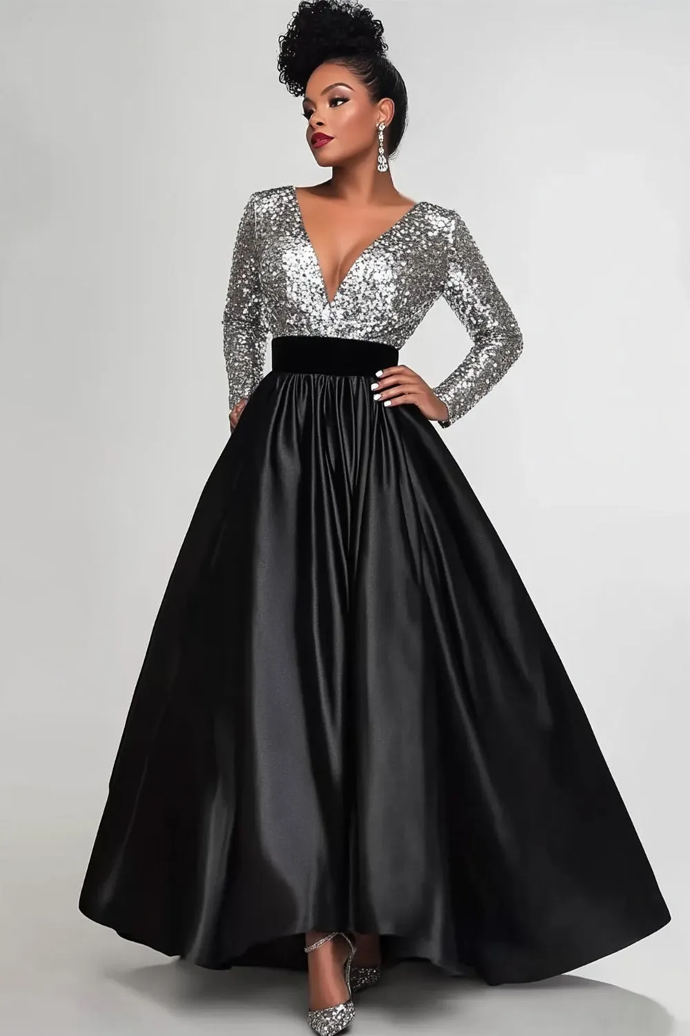 Sparkly Black Silver A-Line Long Sleeves Sequins Top Long Mother of the Bride Dress sold by Zapaka
