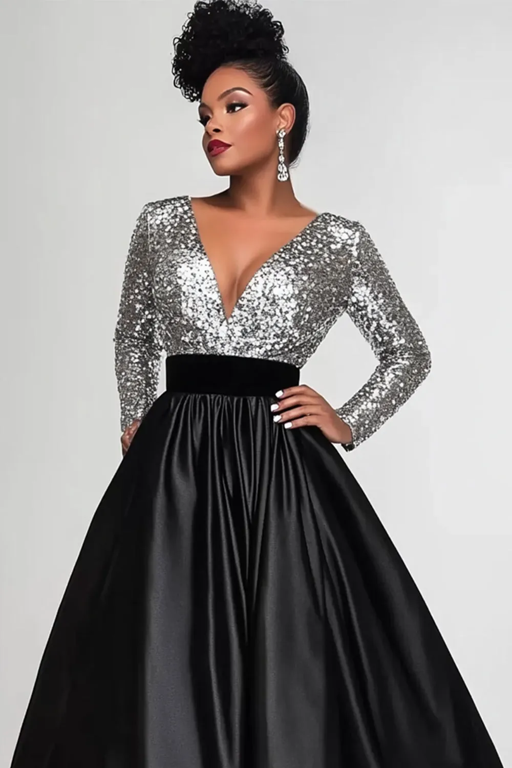 Sparkly Black Silver A-Line Long Sleeves Sequins Top Long Mother of the Bride Dress sold by Zapaka product image thumbnail 2
