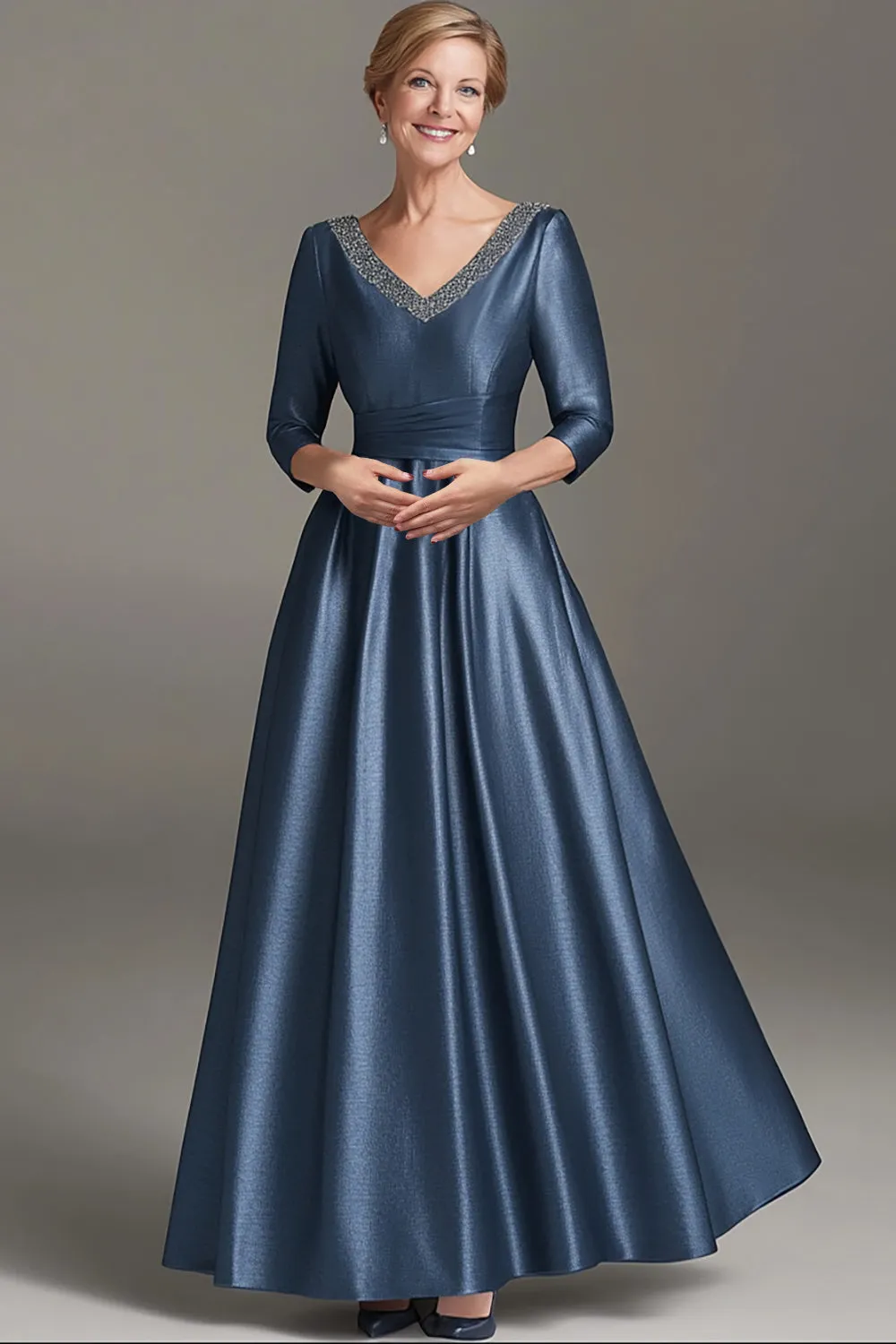 Long Sleeves A Line Dark Blue V Neck Mother of the Bride Dress sold by Zapaka