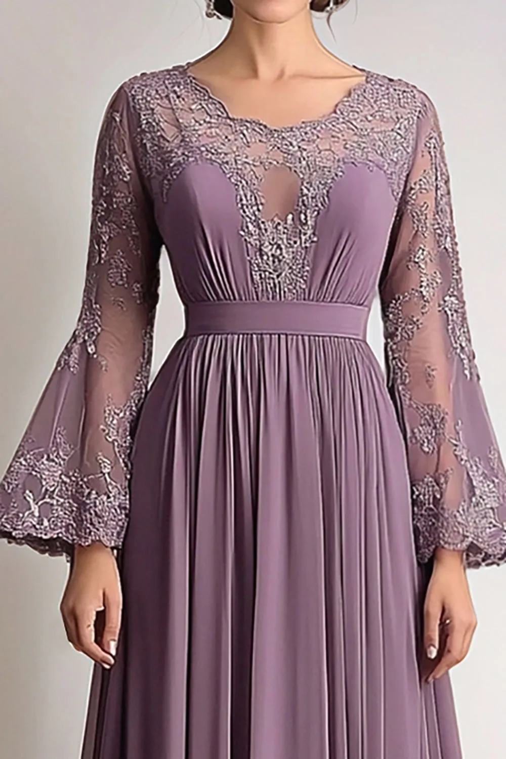Lace Chiffon Taro Purple Mother Of Bride Dress with Long Sleeves sold by Zapaka product image thumbnail 2