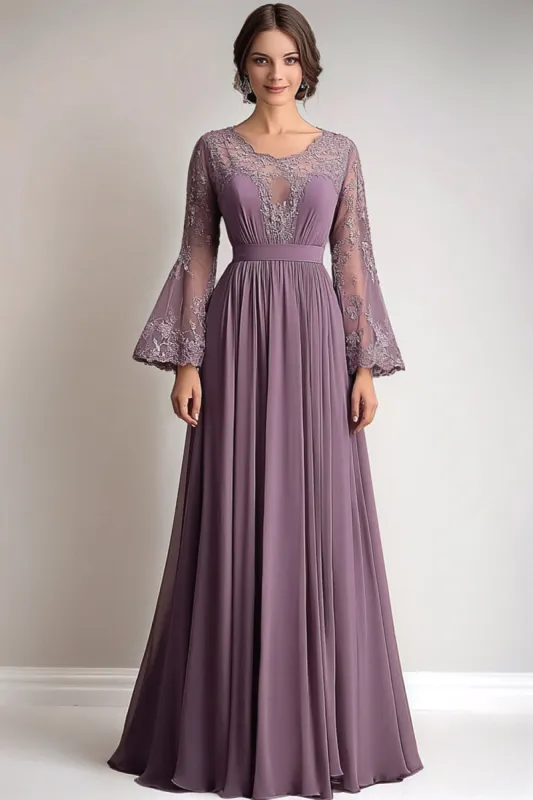 Lace Chiffon Taro Purple Mother Of Bride Dress with Long Sleeves sold by Zapaka