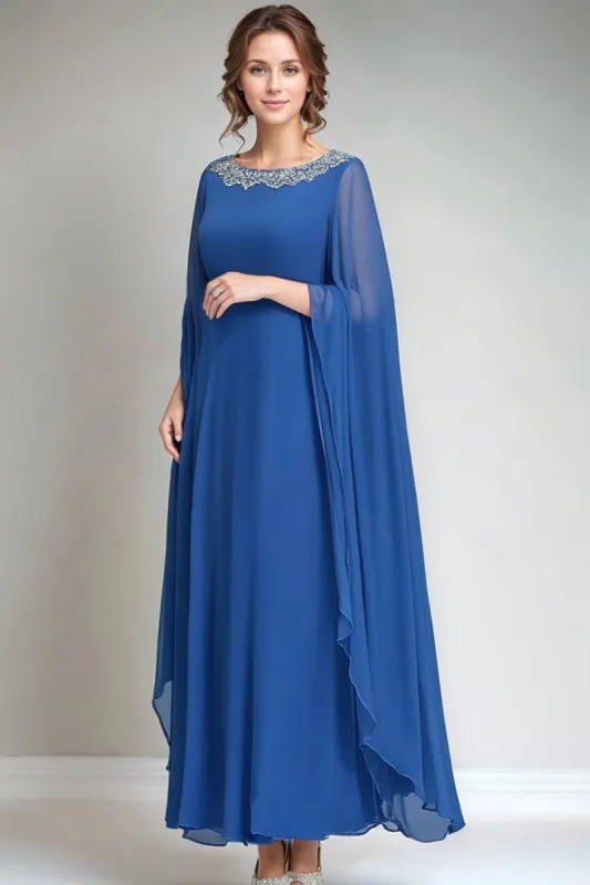 Blue Round Neck Chiffon A-Line Long Mother of the Bride Dress made by Zapaka
