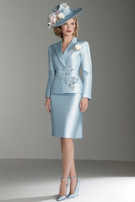 Blue Satin V-Neck Long Sleeves 2 pieces Mother Of The Bride Dress sold by Zapaka