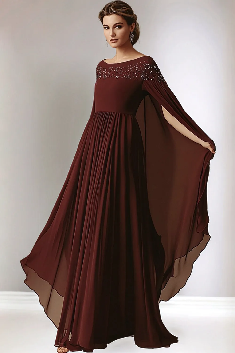 Burgundy A-Line Chiffon Round Neck Long Mother of the Bride Dress with Wrap sold by Zapaka