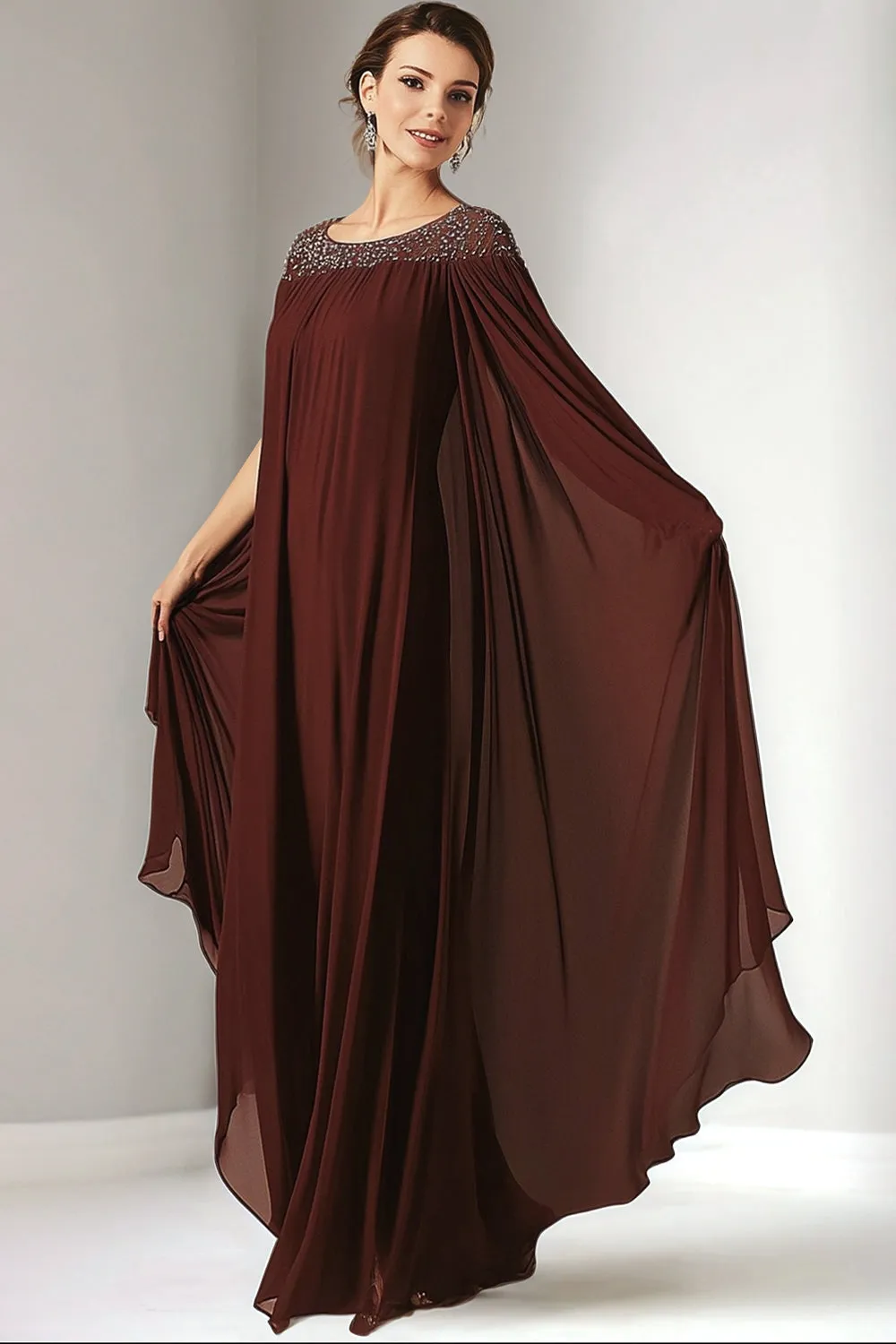 Burgundy Chiffon Round Neck Beaded Long Mother of the Bride Dress with Wrap sold by Zapaka
