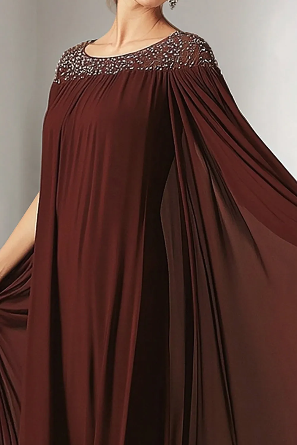 Burgundy Chiffon Round Neck Beaded Long Mother of the Bride Dress with Wrap sold by Zapaka product image thumbnail 2