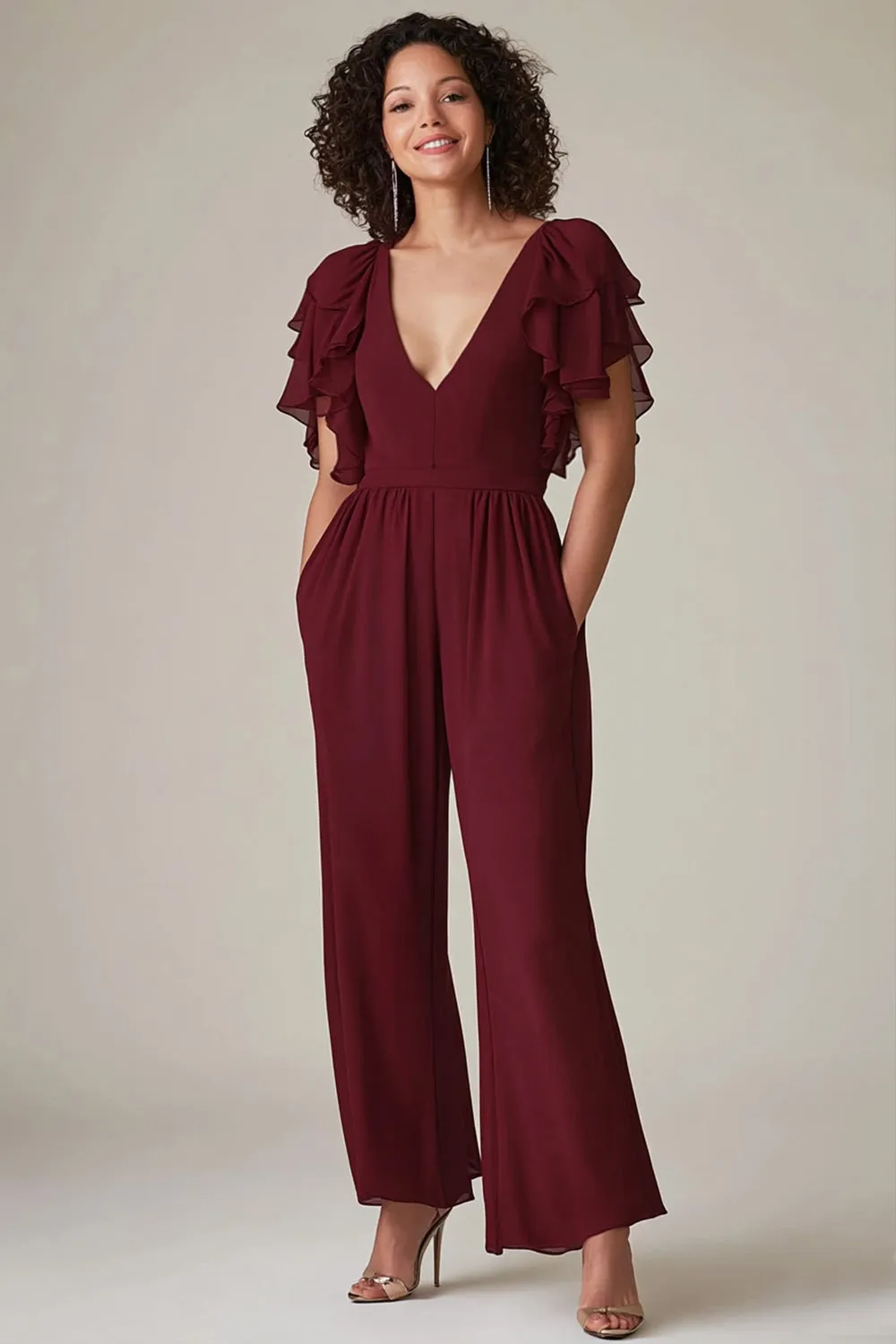 Burgundy Ruffled Sleeves Chiffon Mother Jumpsuit sold by Zapaka