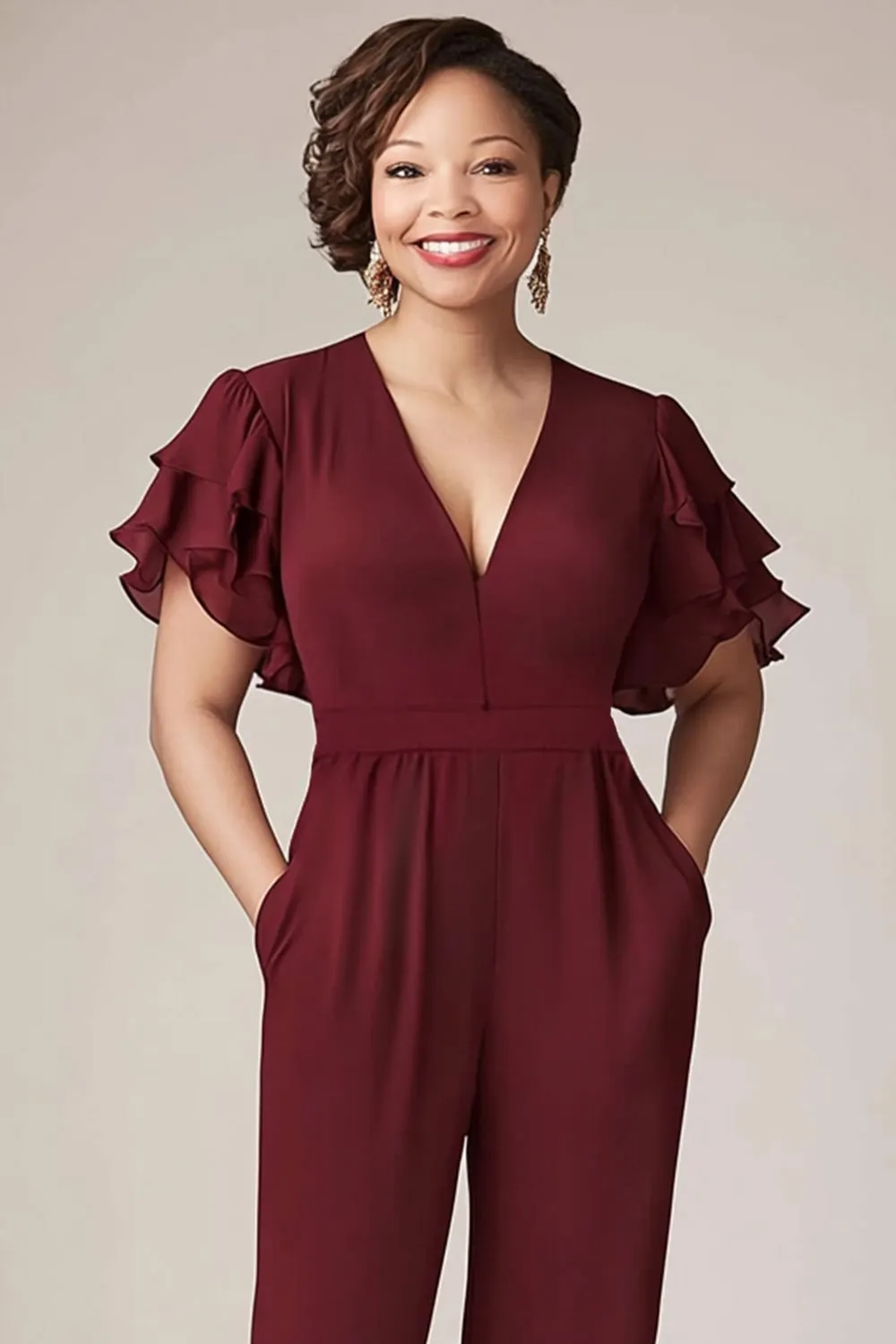 Burgundy Ruffled Sleeves Chiffon Mother Jumpsuit sold by Zapaka product image thumbnail 2
