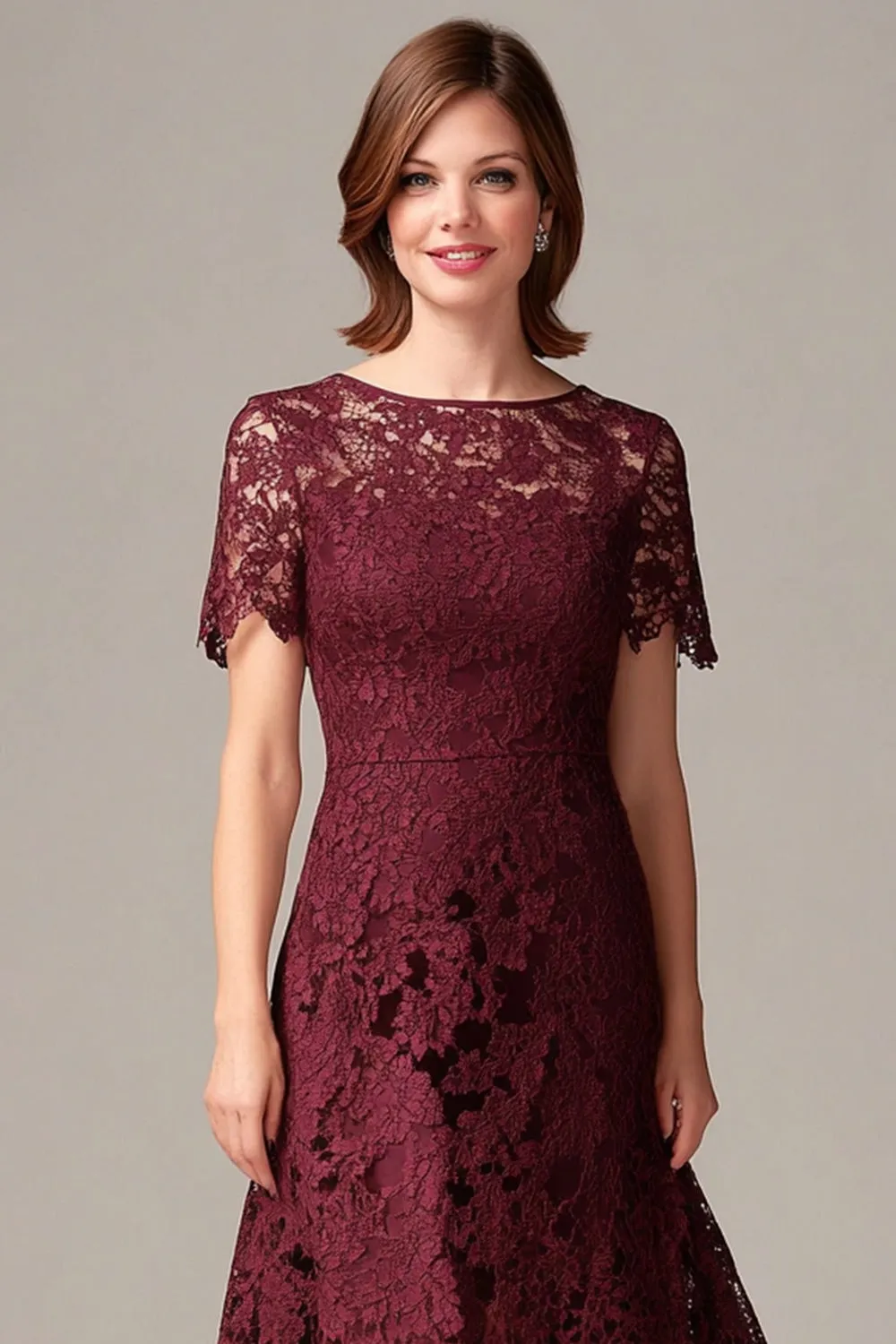 Burgundy Sheath Lace Short Sleeves Hi-Low Mother of the Bride Dress sold by Zapaka product image thumbnail 2