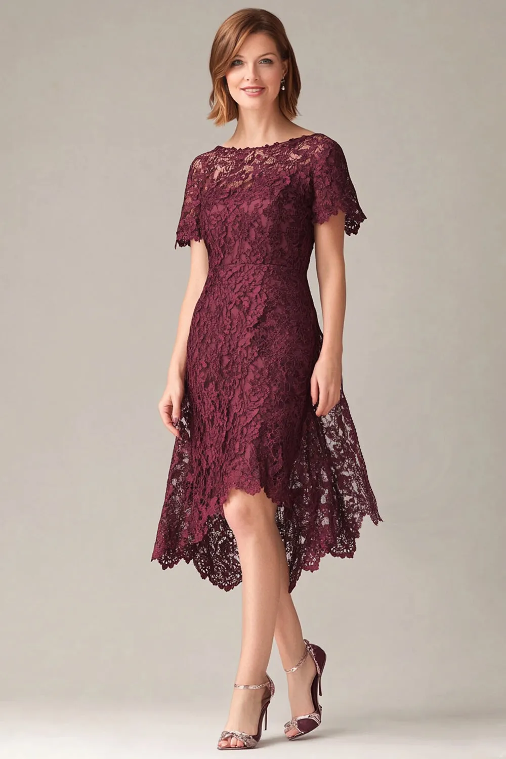 Burgundy Sheath Lace Short Sleeves Hi-Low Mother of the Bride Dress sold by Zapaka