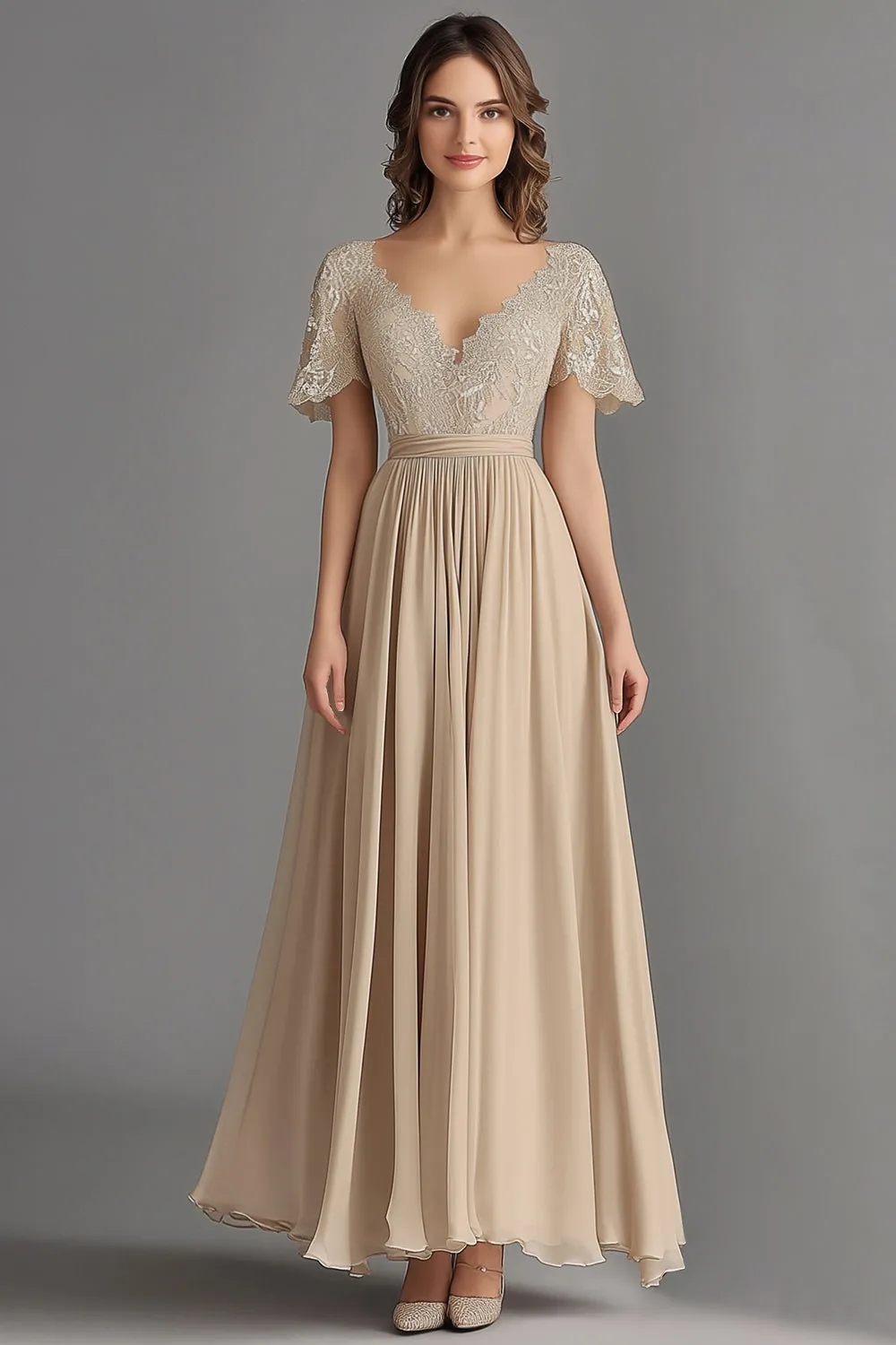 Champagne V Neck Appliques A Line Pleated Mother of the Bride Dress sold by Zapaka