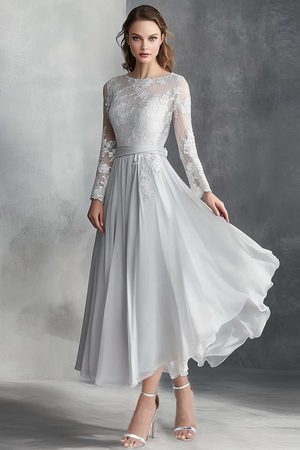 Chiffon Grey A Line Mother of the Bride Dress with Lace Appliques sold by Zapaka