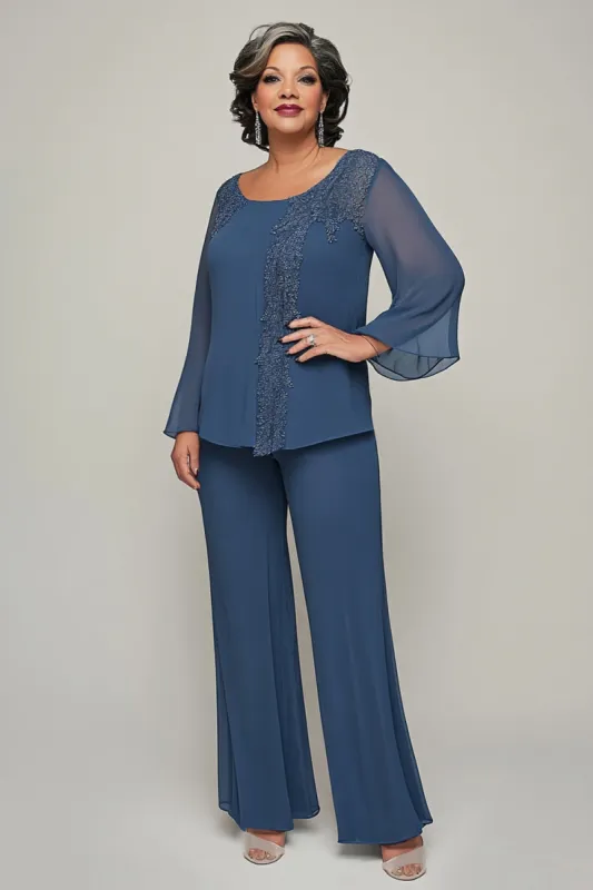 Floral Appliques Dark Blue Tulle Long Sleeves Mother of the Bride Outfits sold by Zapaka
