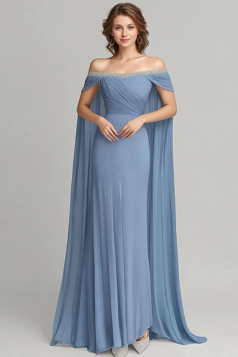 Grey Blue Chiffon Off the Shoulder Side Cape Mother of the Bride Dress sold by Zapaka