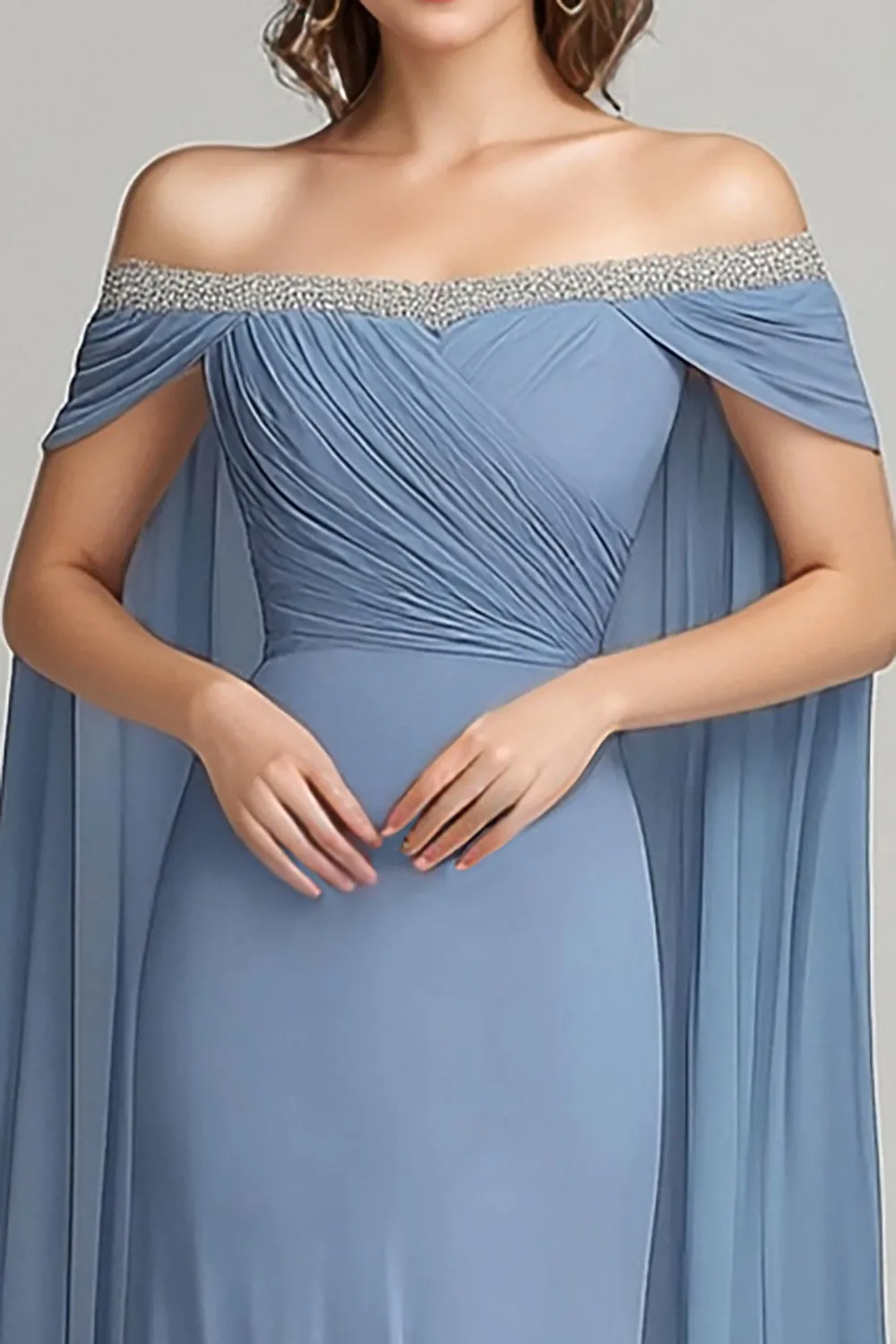 Grey Blue Chiffon Off the Shoulder Side Cape Mother of the Bride Dress sold by Zapaka product image thumbnail 2