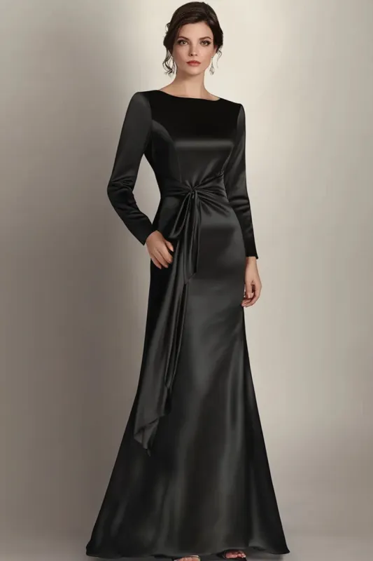 Black Mermaid Long Sleeves Satin Ruched Long Mother of the Bride Dress sold by Zapaka